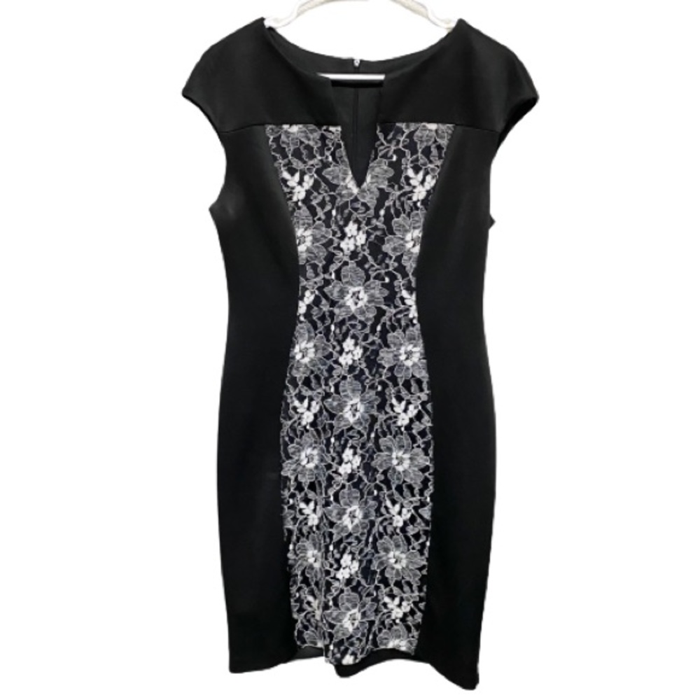 Connected Apparel Women's Dress Black and White with Floral Lace SZ 8 Sleeveless